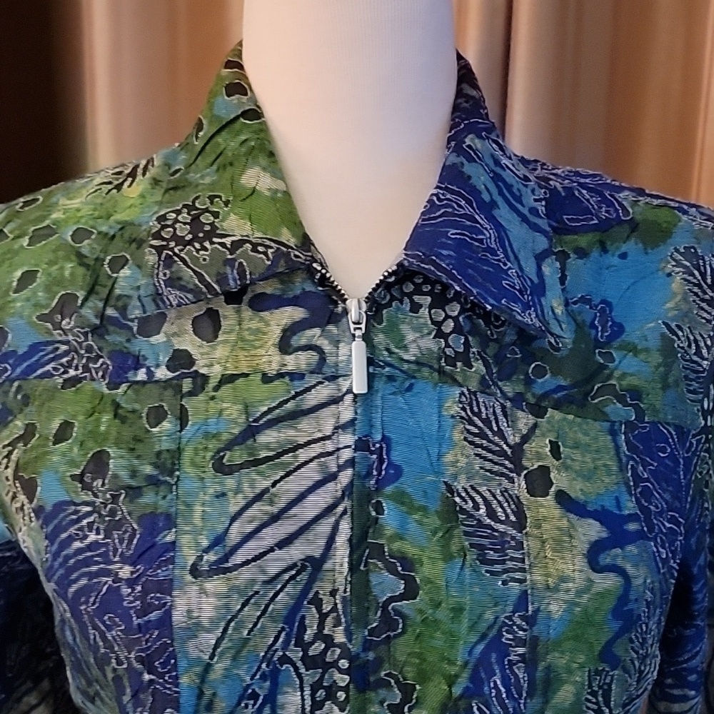Ruby Rd. Petites Zip-Up Jacket Blue Green Abstract - Picture 2 of 8
